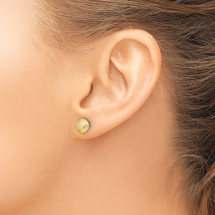 10K Solid Yellow Gold Scallop Shell Stud Earrings