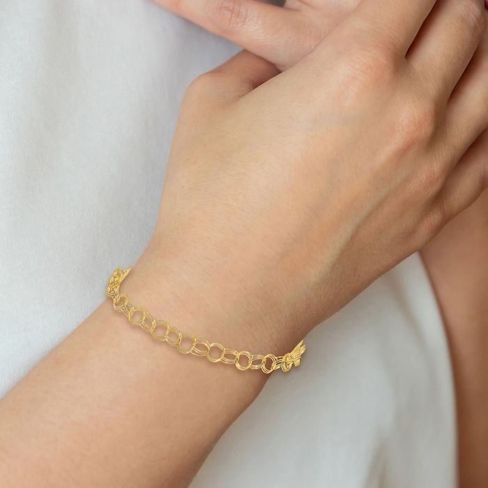 10K Solid Yellow Gold Triple Link Chain Charm Bracelet