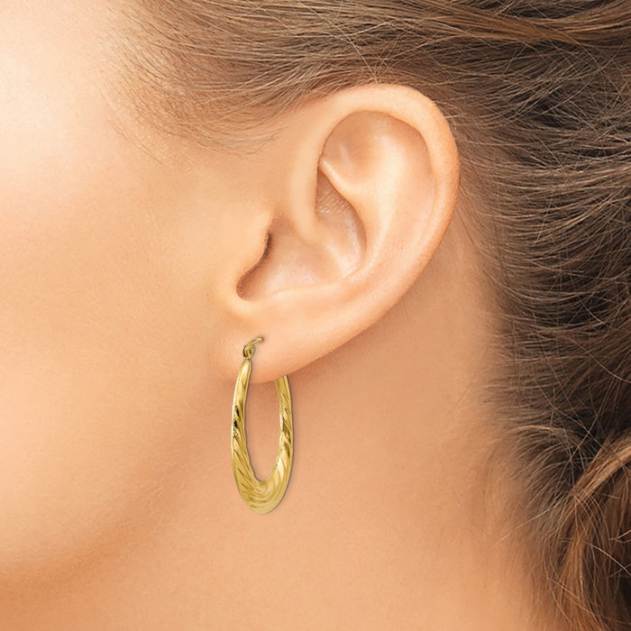 10K Solid Yellow Gold Twisted Oval Medium Hoop Earrings