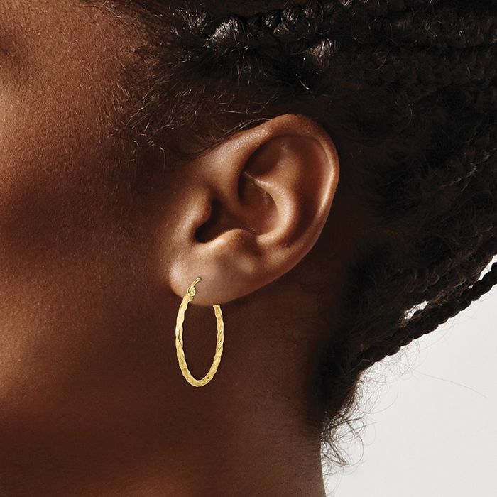 10K Solid Yellow Gold Twisted Round Medium Hoop Earrings
