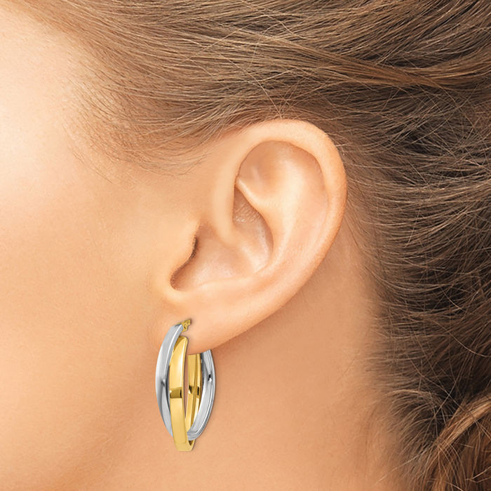 10K Solid Two Tone Gold Oval Medium Hoop Earrings