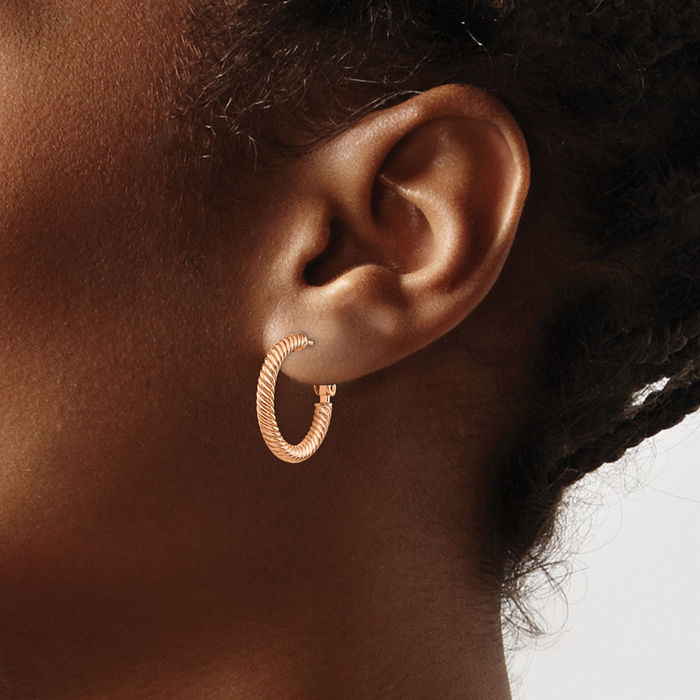 14K Solid Rose Pink Gold Twisted Round Medium Hoop Earrings