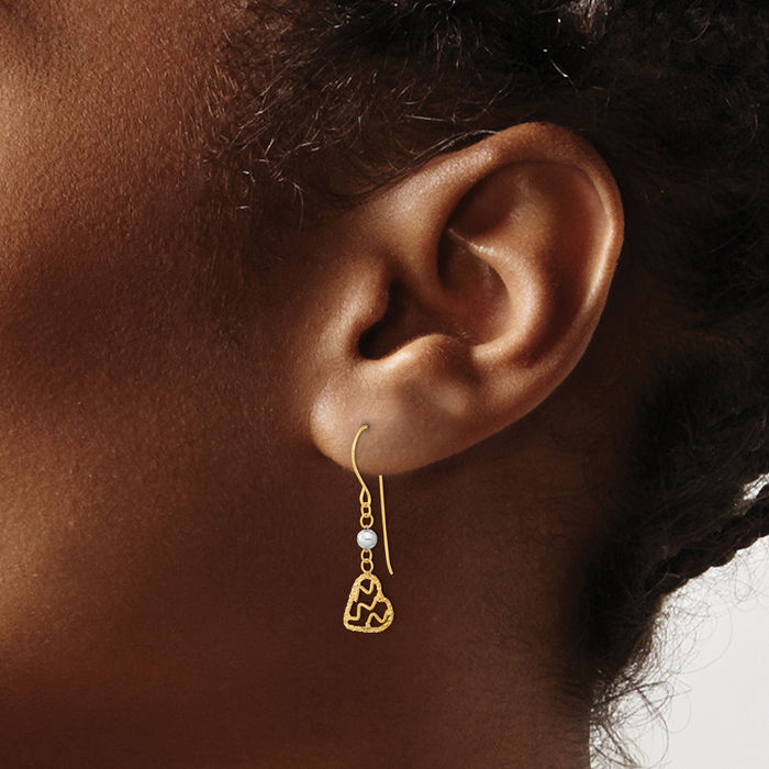 14K Solid Two Tone Gold Heart Drop Dangle Earrings