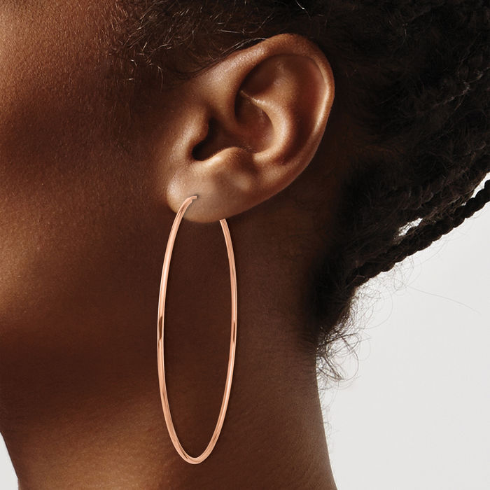 14K Solid Rose Pink Gold 1.5mm Endless Round Large Hoop Earrings