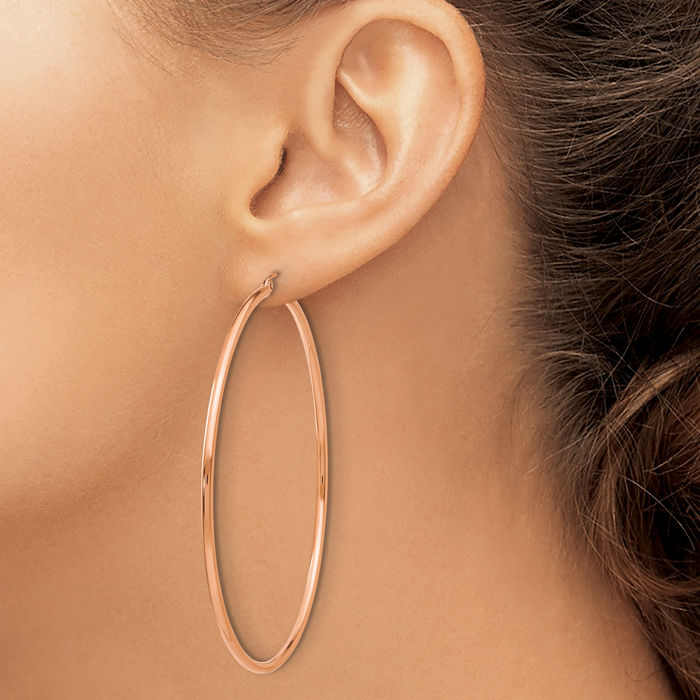 14K Solid Rose Pink Gold Tube Round Extra Large Hoop Earrings