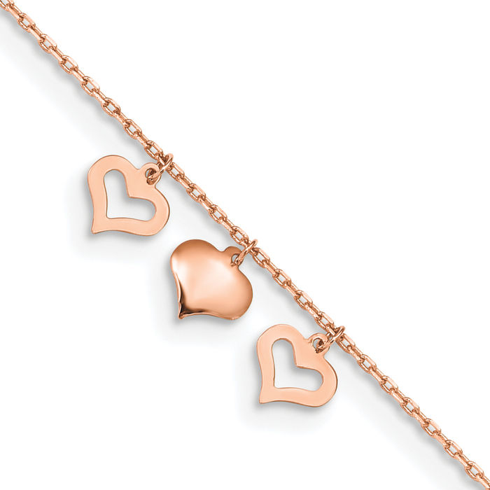 14K Solid Rose Pink Gold 3 Heart Anklet Summer Beach Foot Ankle Bracelet