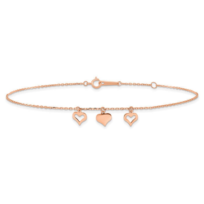 14K Solid Rose Pink Gold 3 Heart Anklet Summer Beach Foot Ankle Bracelet