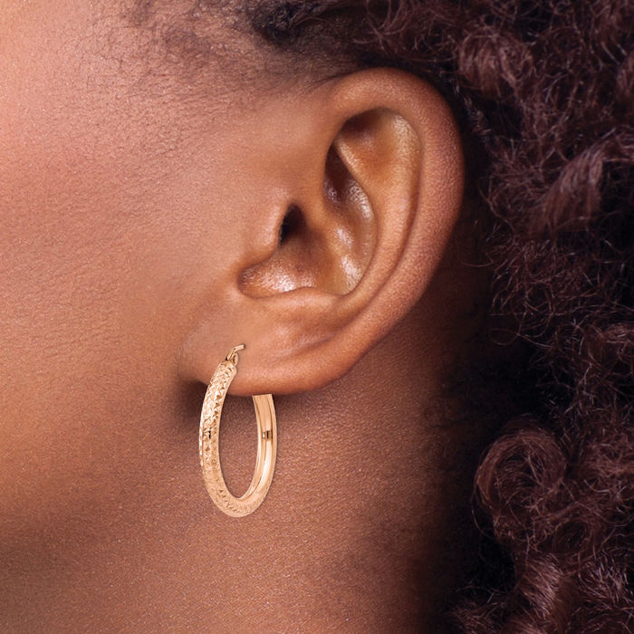 14K Solid Rose Pink Gold 3mm Round Medium Hoop Earrings