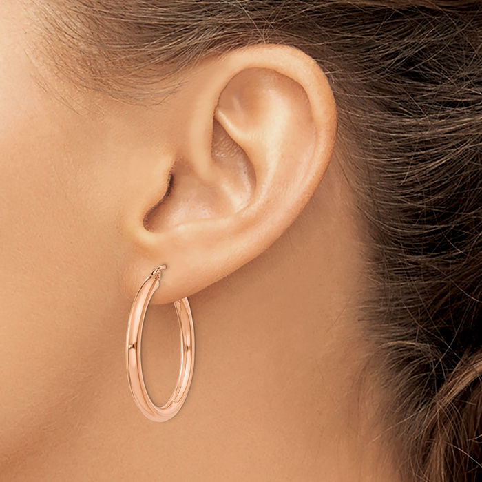 14K Solid Rose Pink Gold 3mm Tube Round Medium Hoop Earrings