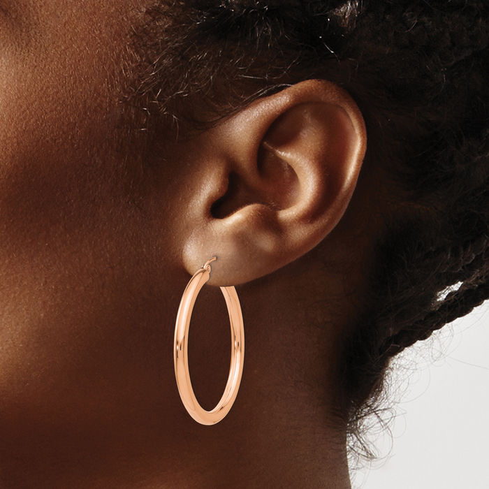 14K Solid Rose Pink Gold 3mm Tube Round Medium Hoop Earrings