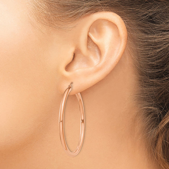 14K Solid Rose Pink Gold 3mm Tube Round Large Hoop Earrings