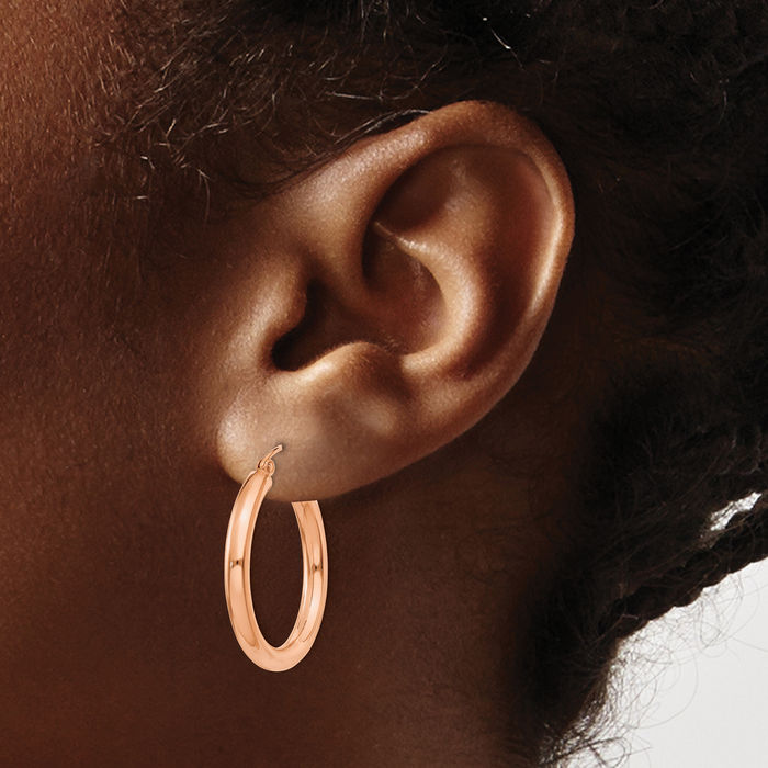 14K Solid Rose Pink Gold 3mm Tube Round Medium Hoop Earrings