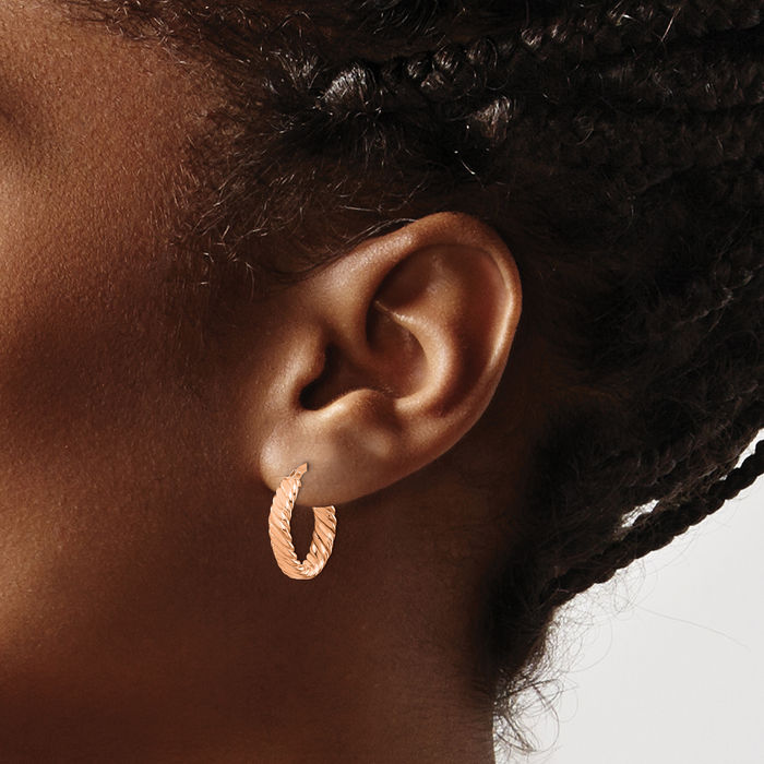 14K Solid Rose Pink Gold 3mm Oval Small Hoop Earrings