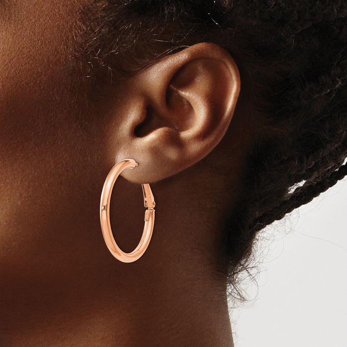 14K Solid Rose Pink Gold Round Omega Clip Back Post Medium Hoop Earrings