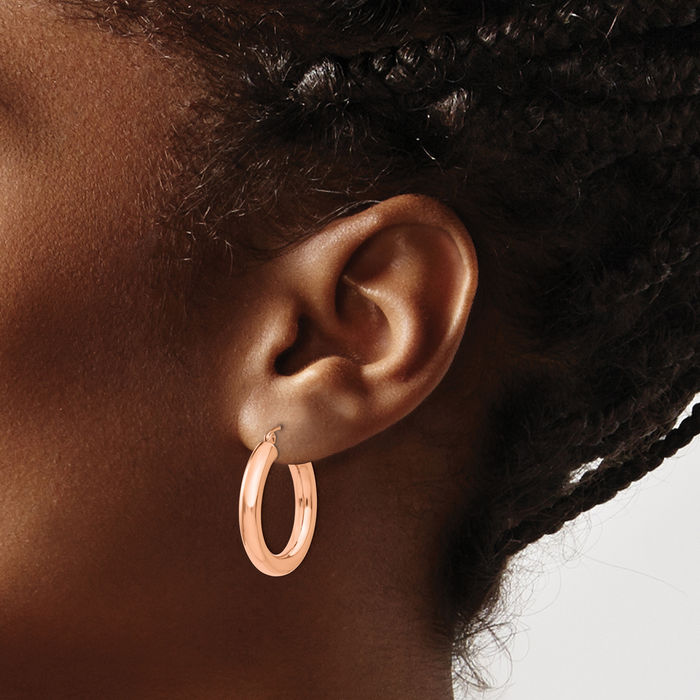 14K Solid Rose Pink Gold 4mm Tube Round Medium Hoop Earrings