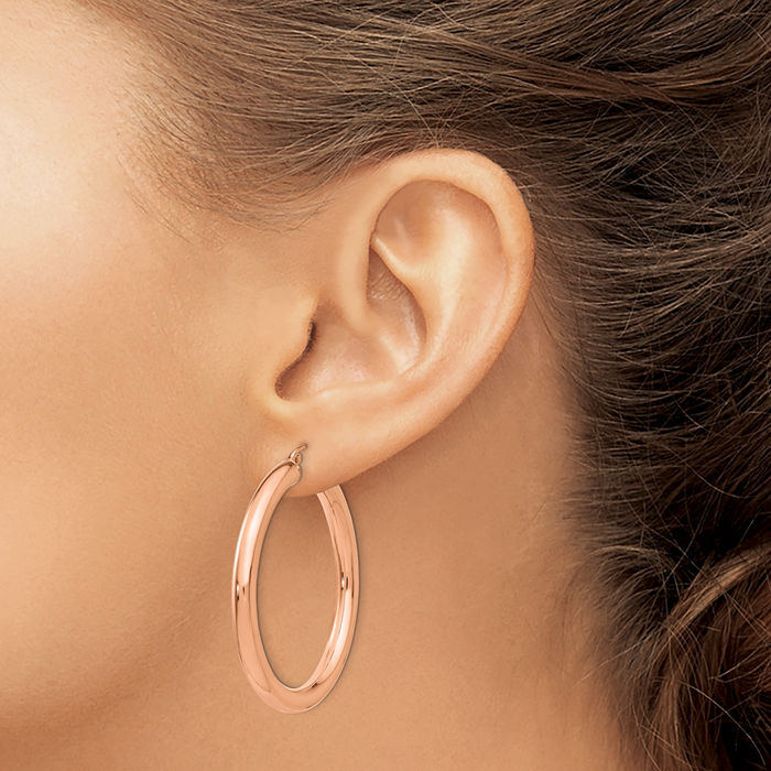 14K Solid Rose Pink Gold 4mm Tube Round Large Hoop Earrings