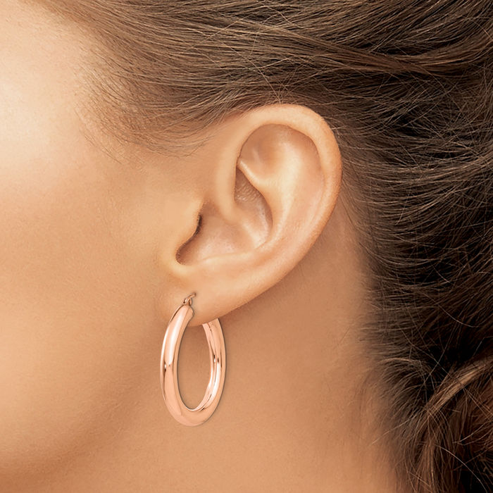 14K Solid Rose Pink Gold 4mm Tube Round Medium Hoop Earrings