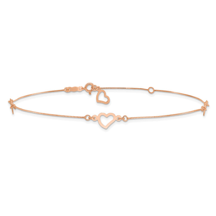 14K Solid Rose Pink Gold Adjustable Heart Anklet Summer Beach Foot Ankle Bracelet