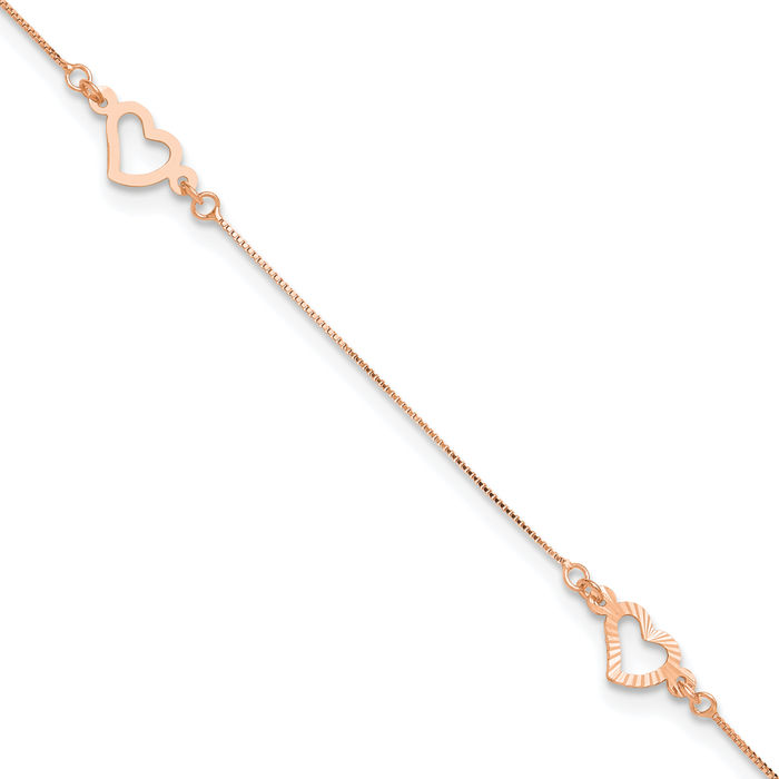 14K Solid Rose Pink Gold Adjustable Heart Anklet Summer Beach Foot Ankle Bracelet