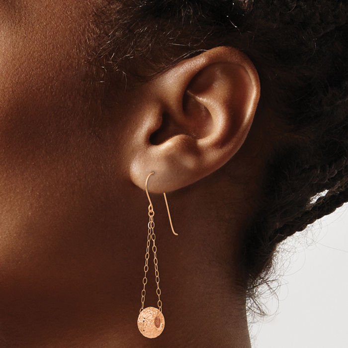 14K Solid Rose Pink Gold Chain Donut Bead Drop Dangle Earrings