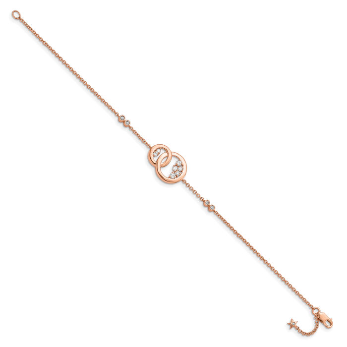 14K Solid Rose Pink Gold Diamond Double Circle Round Star Dangling Tennis Bracelet