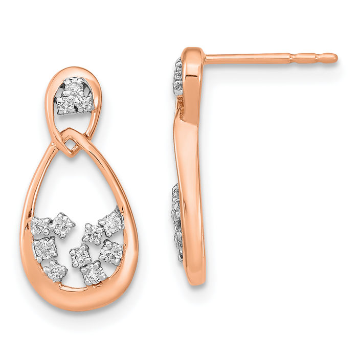 14K Solid Rose Pink Gold Diamond Double Teardrop Drop Dangle Earrings