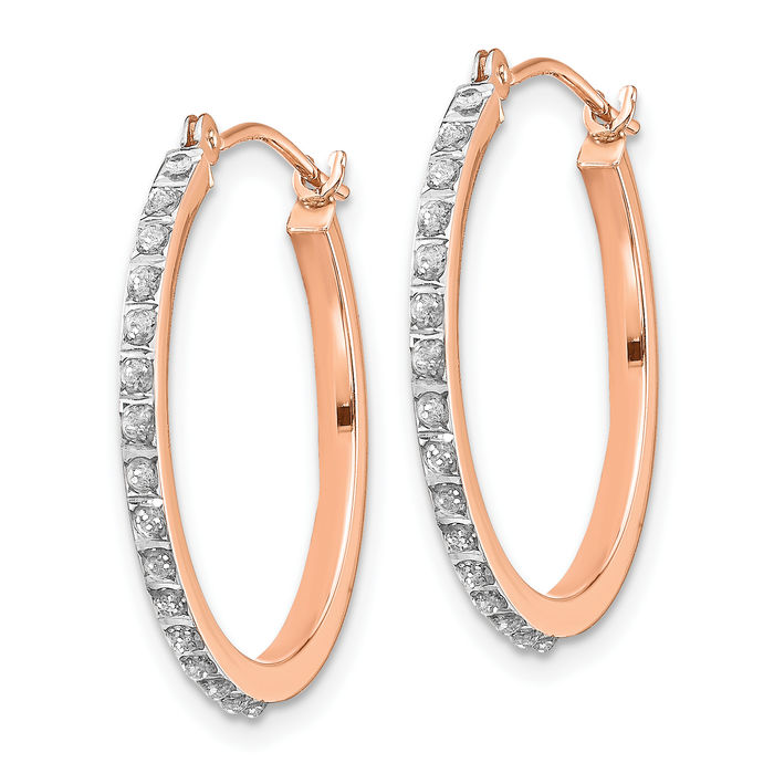 14K Solid Rose Pink Gold Diamond Round Medium Hoop Earrings