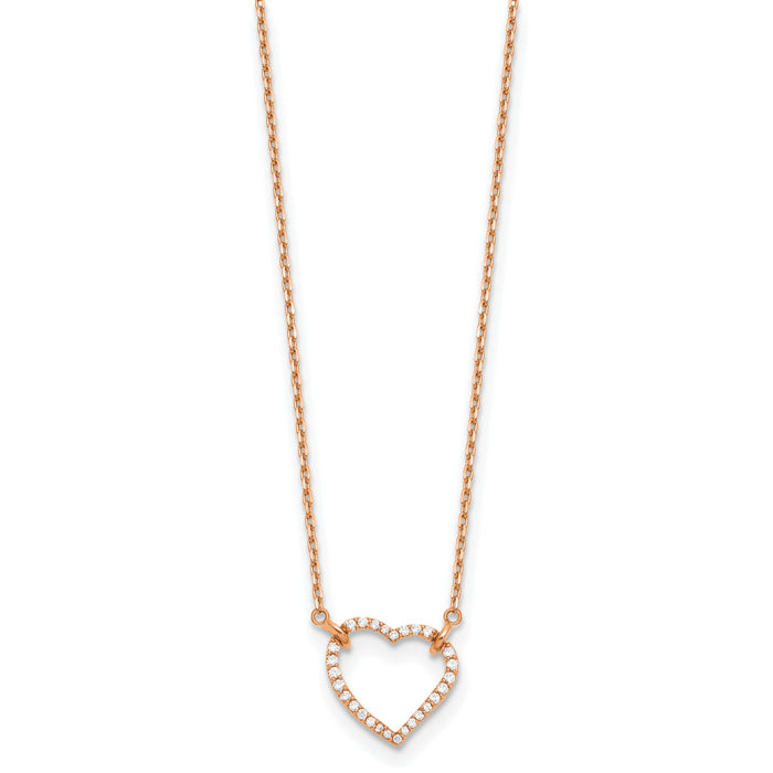 14K Solid Rose Gold Diamond Heart Chain Necklace - Picture 10 of 12