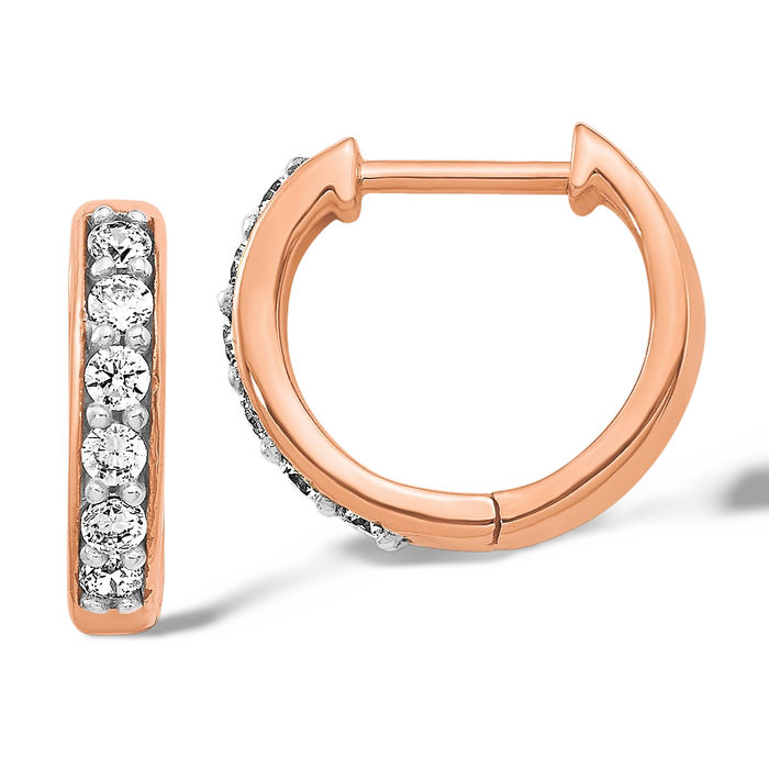 14K Solid Rose Pink Gold Diamond Round Huggie Small Hoop Earrings