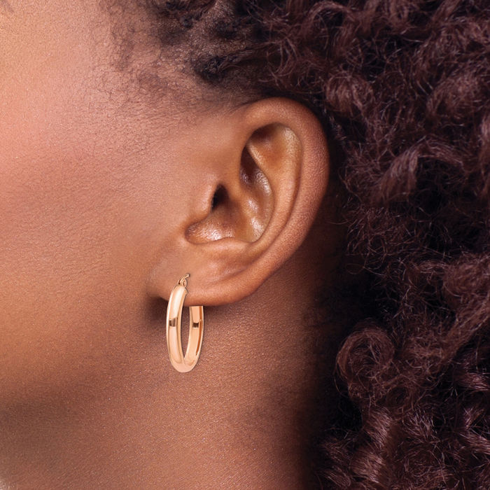 14K Solid Rose Pink Gold Half Round Oval Medium Hoop Earrings