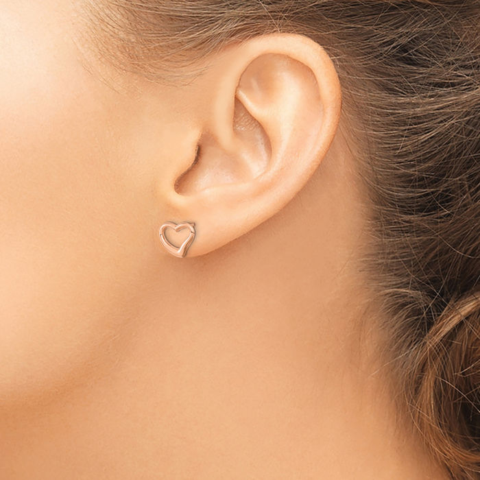 14K Solid Rose Pink Gold Heart Stud Earrings