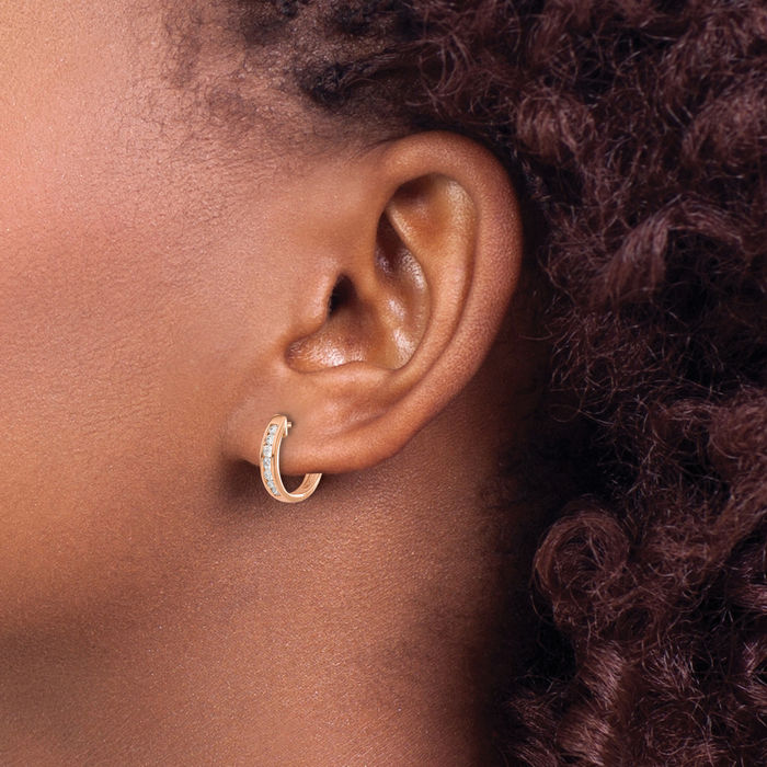 14K Solid Rose Pink Gold Lab Diamond Round Hoop Earrings