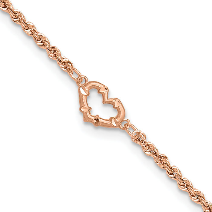 14K Solid Rose Pink Gold Diamod Cut Rope Chain Heart Anklet Summer Beach Foot Ankle Bracelet