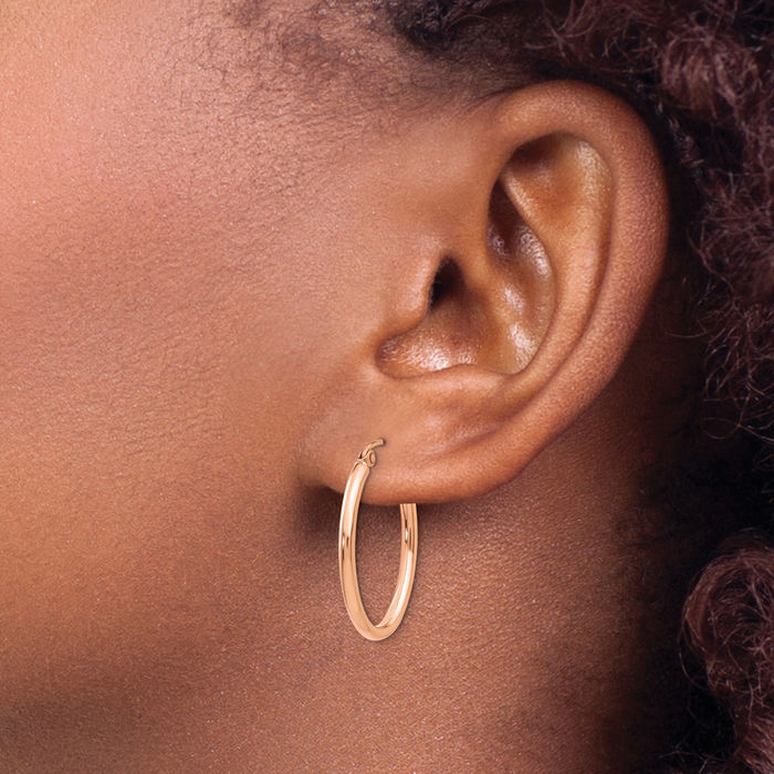 14K Solid Rose Pink Gold Oval Medium Hoop Earrings