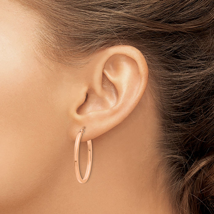 14K Solid Rose Pink Gold Oval Tube Medium Hoop Earrings