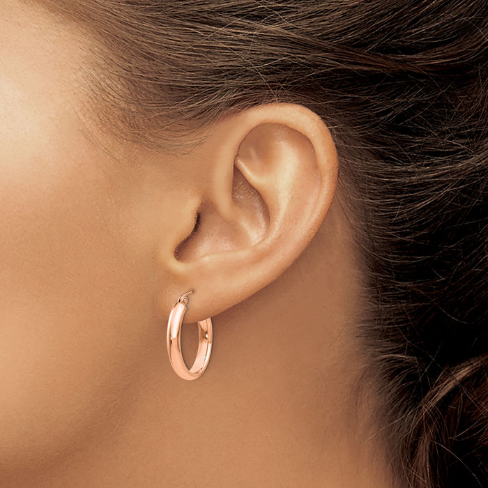 14K Solid Rose Pink Gold Oval Tube Medium Hoop Earrings