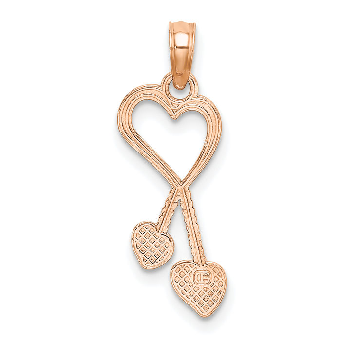 14K Solid Rose Pink Gold Tassle Heart Necklace Love Pendant Charm