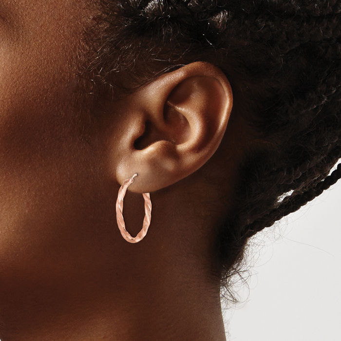 14K Solid Rose Pink Gold Twisted Round Medium Hoop Earrings