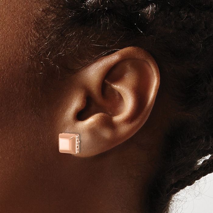 14K Solid Rose Pink Gold Edge Square Stud Earrings