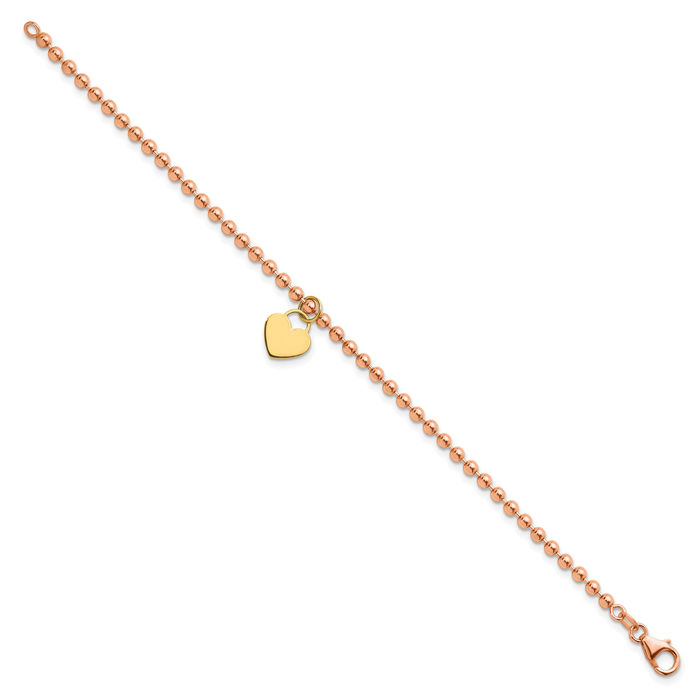 14K Solid Rose Yellow Gold Heart Charm Bracelet - Picture 11 of 12