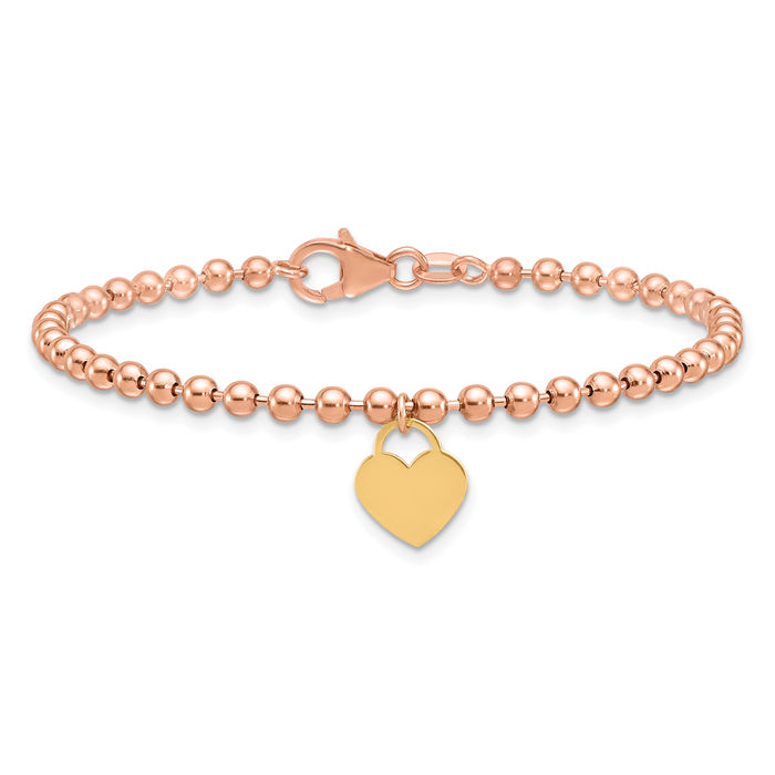 14K Solid Rose Yellow Gold Heart Charm Bracelet - Picture 9 of 12