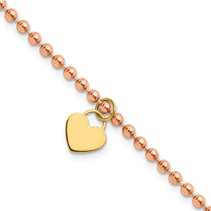 14K Solid Rose Yellow Gold Heart Charm Bracelet - Picture 10 of 12