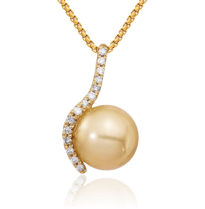 14K Solid 10mm Round Golden South Sea Saltwater Cultured Pearl .125 Diamond Necklace Chain Pendant Charm