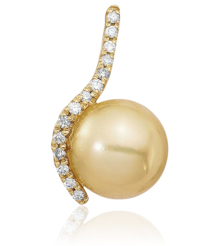 14K Solid 10mm Round Golden South Sea Saltwater Cultured Pearl .125 Diamond Necklace Chain Pendant Charm