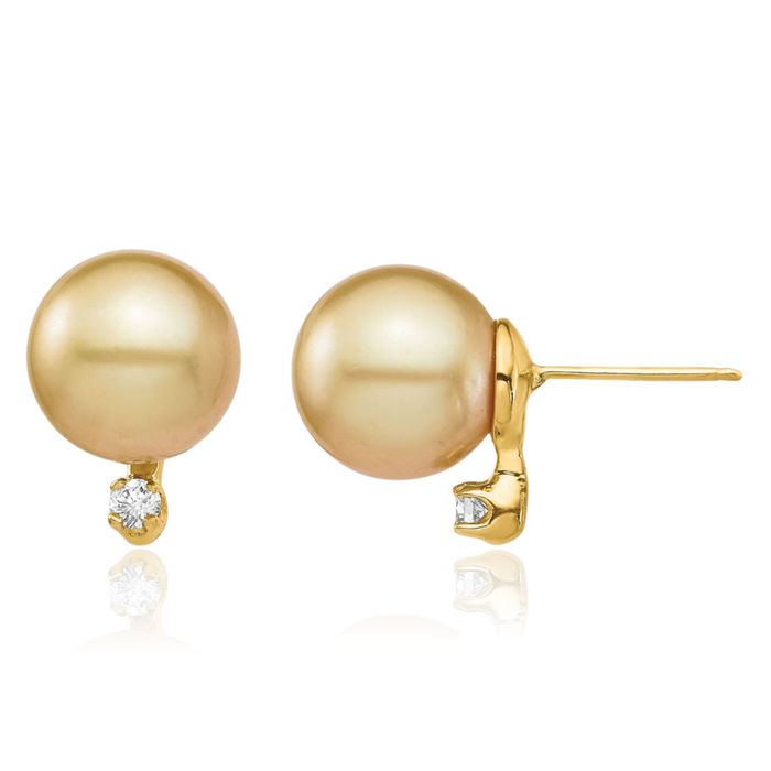 14K Solid 9mm Round Golden South Sea Saltwater Cultured Pearl .10 Diamond Stud Earrings