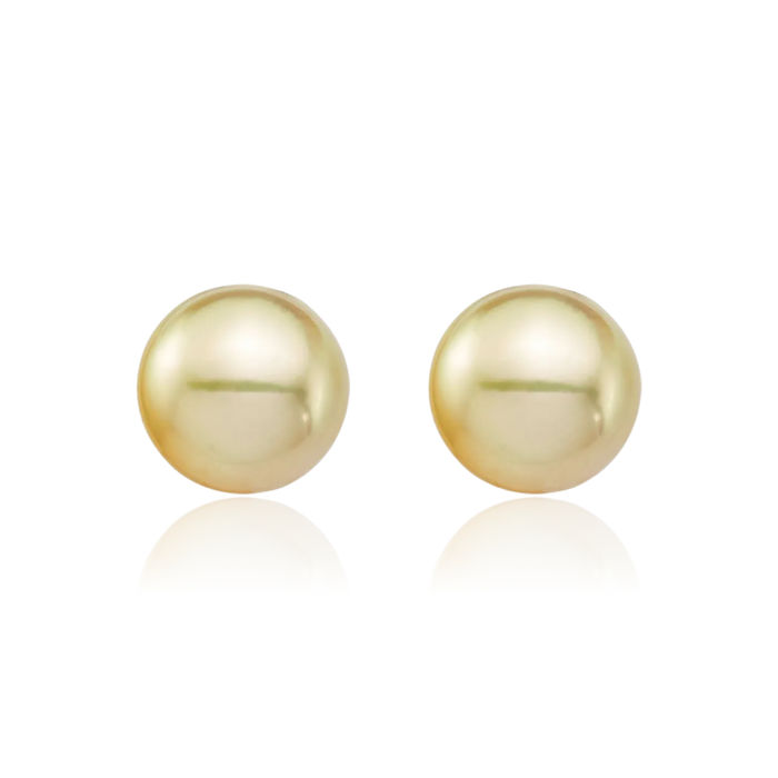 14K Solid 9mm Round Golden South Sea Saltwater Cultured Pearl Stud Earrings