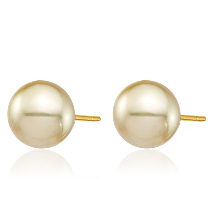 14K Solid 9mm Round Golden South Sea Saltwater Cultured Pearl Stud Earrings