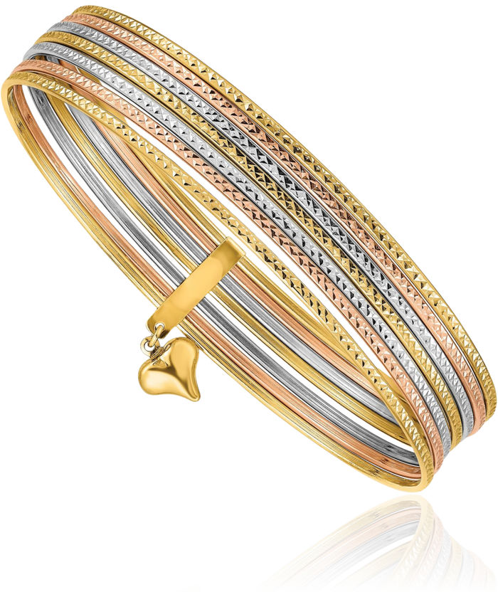 14K Solid Dangling Heart Tri Color Pink White Yellow Gold Set of 7 Slip On Bangle Bracelet