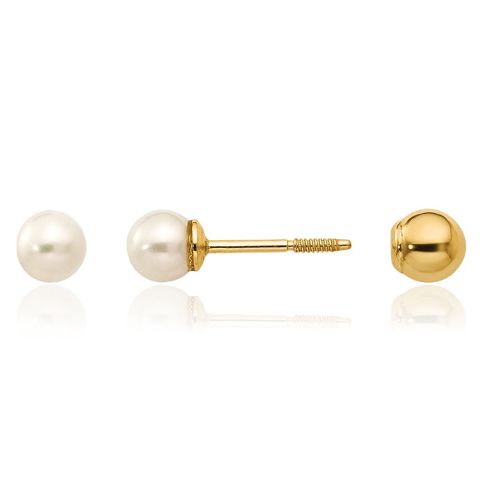 14K Solid Reversible 3.75 4mm Freshwater Cultured Pearl Gold Bead Stud Earrings