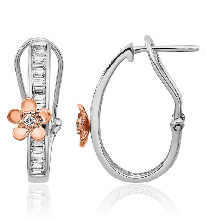 14K Solid Rose Flower White Gold Diamond Medium Hoop Earrings